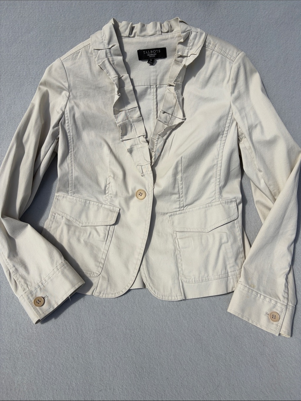 Talbots Cream Ruffle-Trim Cotton Blazer Jacket